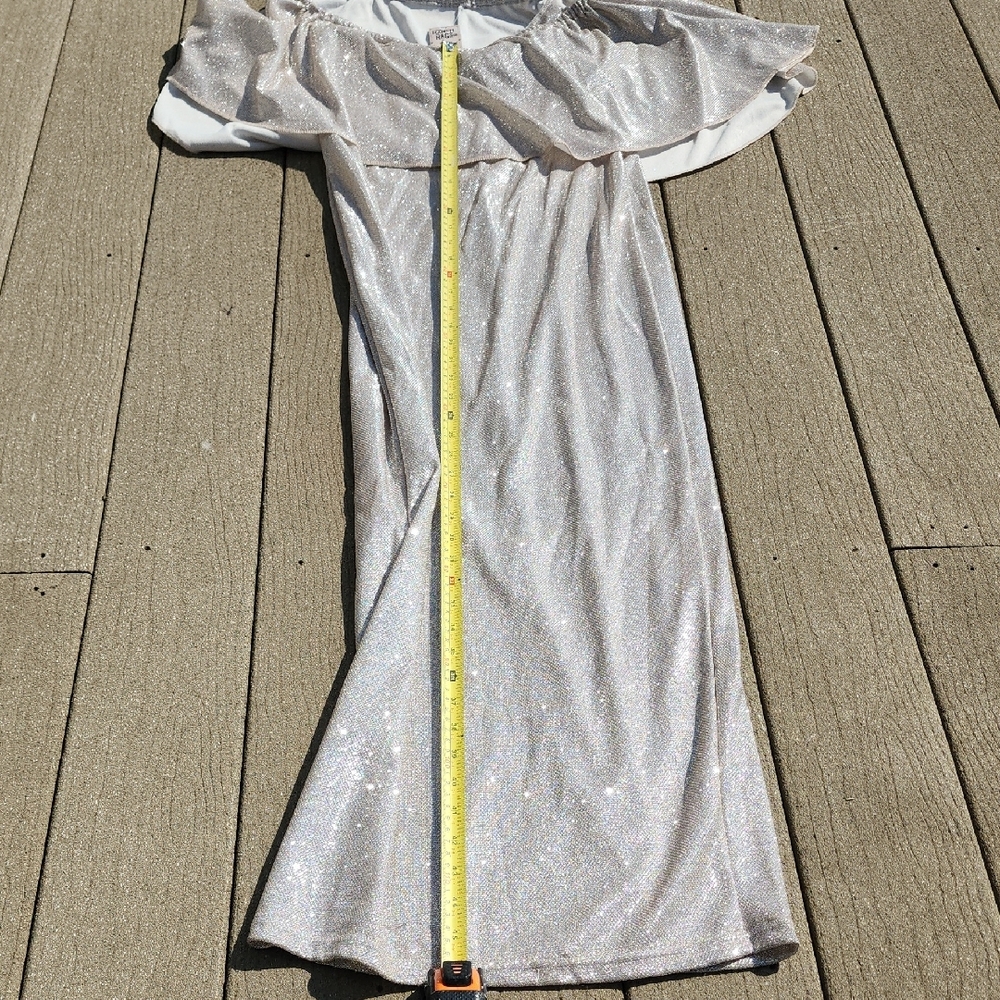 (M) NWT Elegant Silver Off-Shoulder Prom Dress Back Slit Night Glamorous Fancy - Picture 2 of 7